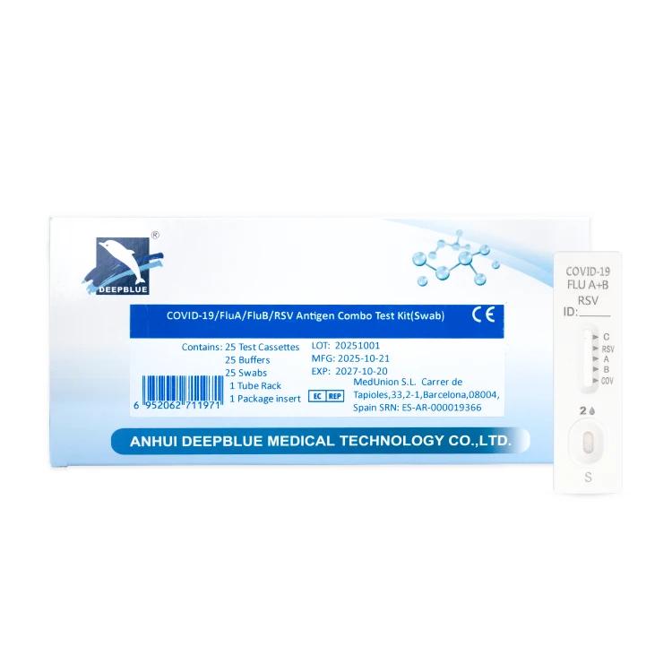 Opakowanie zbiorcze zawierające 25 zestawów testowych, szybki test diagnostyczny COMBO 4w1 COVID-19, grypa A+B oraz RSV, widoczne opakowanie producenta Deepblue oraz kasetka testowa