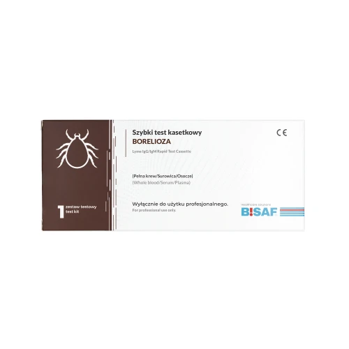 Kasetkowy szybki test na boreliozę (Lyme IgG/IgM Rapid Test Cassette) do badania z pełnej krwi, surowicy lub osocza; biało-brązowe opakowanie z grafiką kleszcza oraz oznaczeniem „Wyłącznie do użytku profesjonalnego”.
