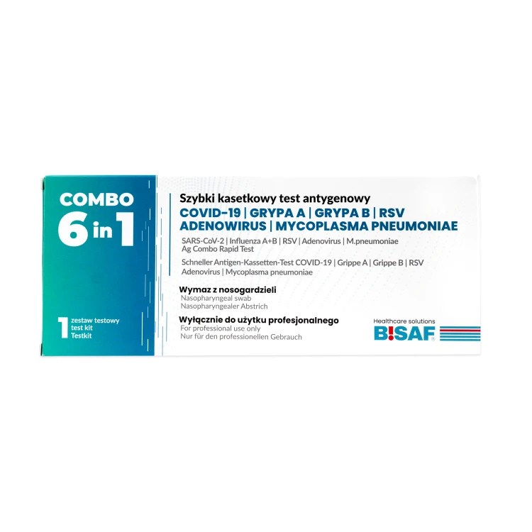 Opakowanie testu antygenowego COMBO 6 in 1 BISAF na białym tle z oznaczeniem COMBO 6 in 1 oraz nazwami wykrywanych patogenów: COVID-19, grypa A, grypa B, RSV, adenowirus i Mycoplasma pneumoniae.