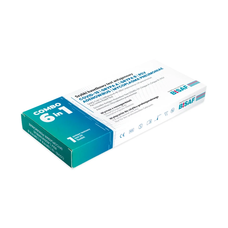 Leżące opakowanie testu antygenowego COMBO 6 in 1 BISAF na białym tle z informacją o diagnostyce COVID-19, grypy A i B, RSV, adenowirusa oraz Mycoplasma pneumoniae.