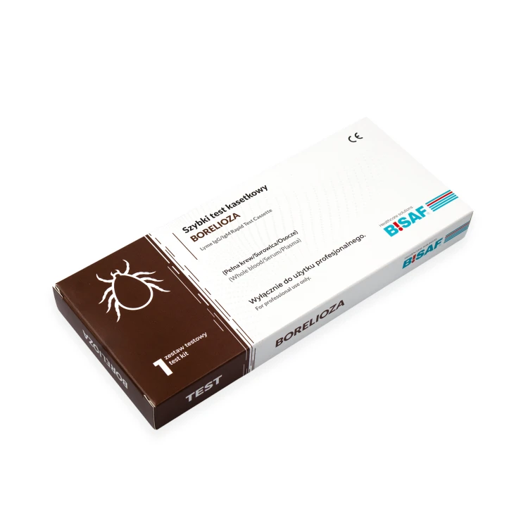 Opakowanie szybkiego testu kasetkowego Borelioza BISAF na białym tle z oznaczeniem Lyme IgG/IgM Rapid Test Cassette.