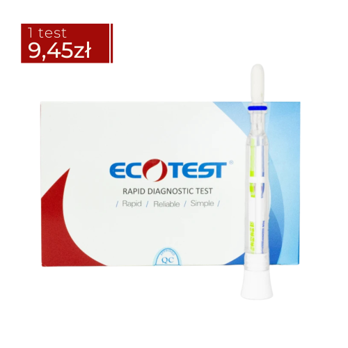 Opakowanie testów Ecotest z penowym testem ślinowym na tle, w lewym górnym rogu czerwona naklejka z ceną „1 test 9,45 zł