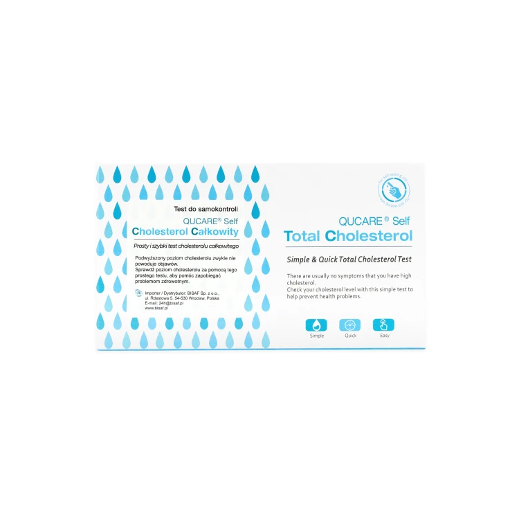 Opakowanie testu QUCare Self Total Cholesterol do pomiaru cholesterolu całkowitego.