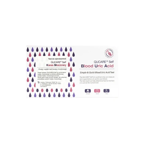 Opakowanie testu QUCare Self Blood Uric Acid do pomiaru kwasu moczowego.