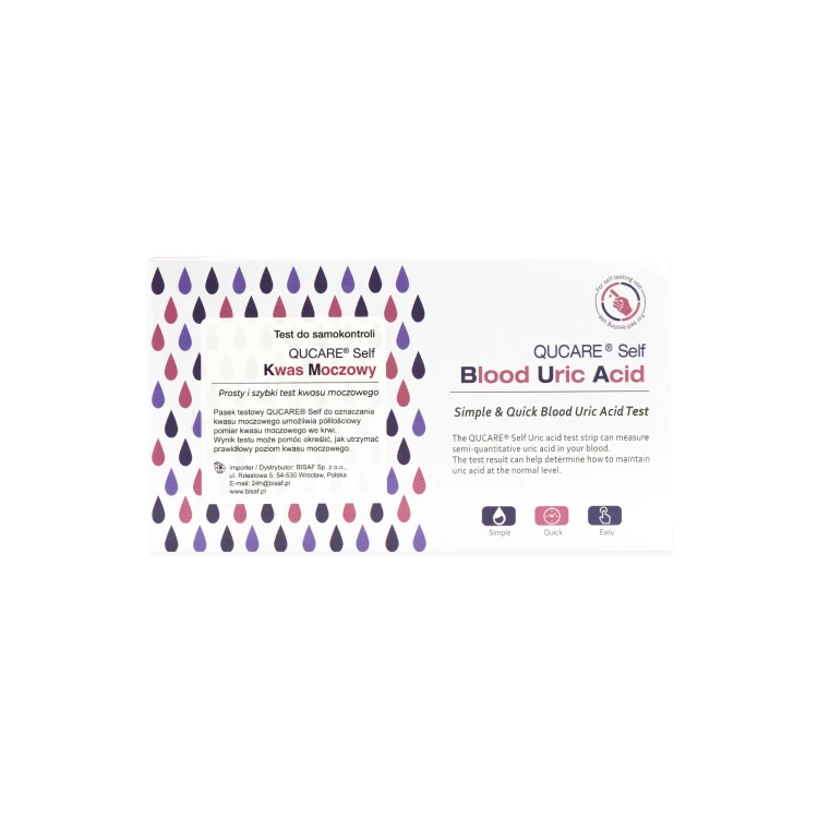 Opakowanie testu QUCare Self Blood Uric Acid do pomiaru kwasu moczowego.
