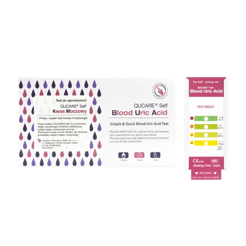 Opakowanie testu QUCare Self Blood Uric Acid z paskiem do odczytu wyniku kwasu moczowego.