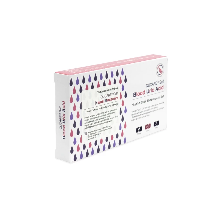 Opakowanie testu QUCare Self Blood Uric Acid do pomiaru kwasu moczowego.