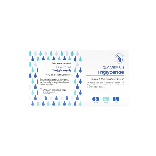 Opakowanie testu QUCare Self Triglyceride do pomiaru trójglicerydów.
