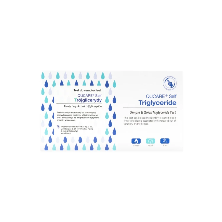 Opakowanie testu QUCare Self Triglyceride do pomiaru trójglicerydów.