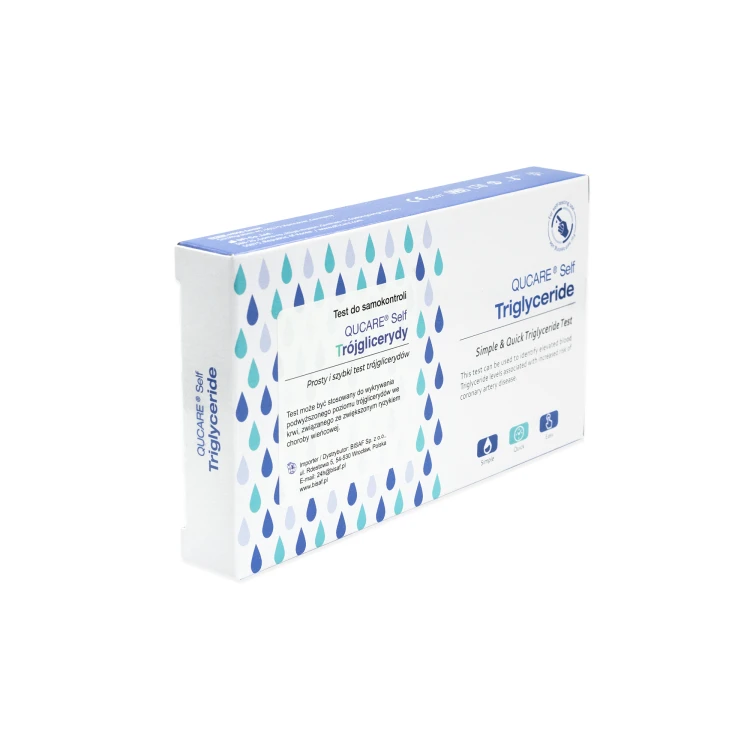 Opakowanie z ukosa testu QUCare Self Triglyceride do pomiaru poziomu trójglicerydów z krwi pełnej z opuszka palca