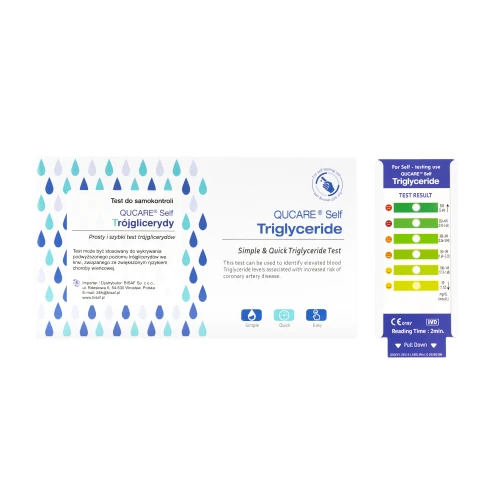 Opakowanie i karta testu QUCare Self Triglyceride do pomiaru poziomu trójglicerydów