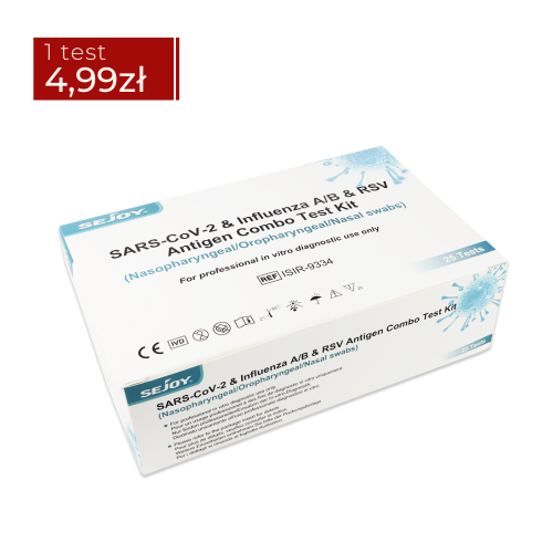 Test COMBO 4w1 Sejoy SARS-CoV-2  Influenza A/B; RSV Antigen Combo (kasetka testowa oraz opakowanie zbiorcze w tle, białe pudełko z niebieskimi elementami graficznymi).