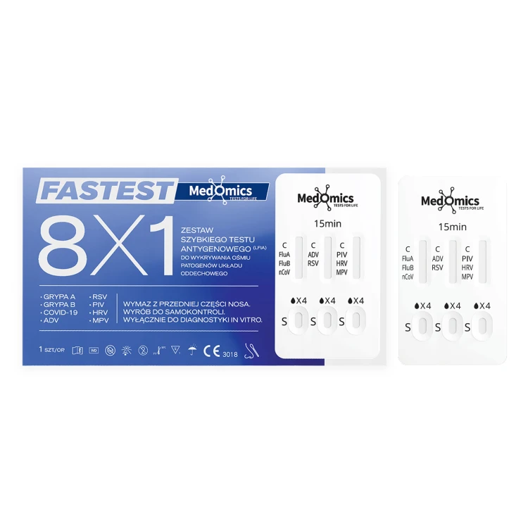 Opakowanie i kasetka testu medomics 8w1 do samokontroli
