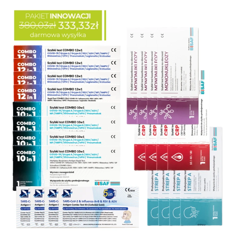 Pakiet Innowacji – zestaw 24 testów diagnostycznych COMBO 12w1, COMBO 10w1, COMBO 5w1, Strep A, Mononukleoza, CRP