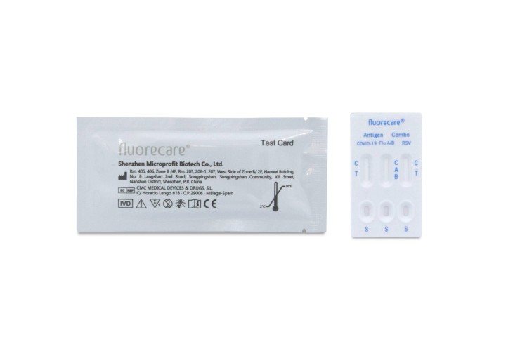 Saszetka z testem Fluorecare COVID-19 Antigen Combo oraz kasetka testowa, element zestawu 25 sztuk.