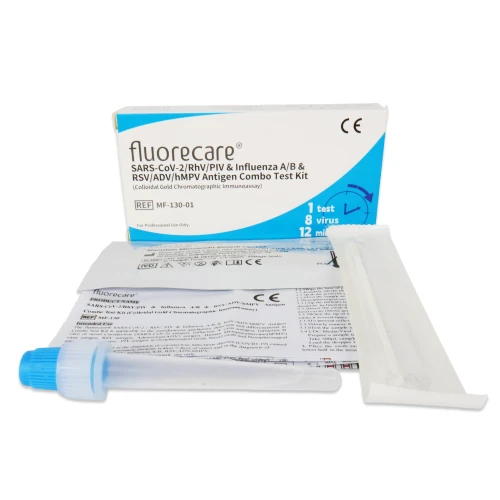 Zestaw testu Fluorecare SARS-CoV-2/RhV/PIV &amp; Influenza A/B &amp; RSV/ADV/hMPV Antigen Combo, 1 sztuka, widoczne opakowanie, probówka z niebieską zakrętką, wymazówka, instrukcja i kasetka testowa, przeznaczony do użytku profesjonalnego.