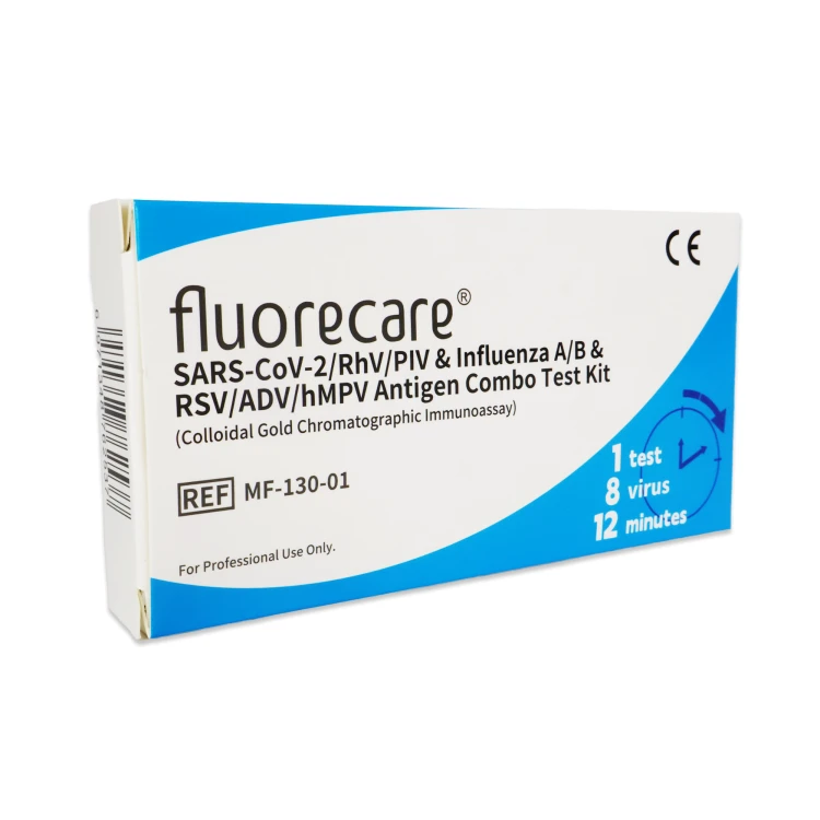 Opakowanie testu Fluorecare SARS-CoV-2/RhV/PIV &amp; Influenza A/B &amp; RSV/ADV/hMPV Antigen Combo, 1 sztuka, białe z niebieskim elementem graficznym i ikoną zegara, przeznaczone do użytku profesjonalnego.