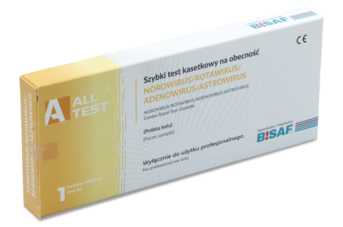 Opakowanie testu kasetkowego AllTest na norowirusa, rotawirusa, adenowirusa i astrowirusa, żółto-biała etykieta, do użytku profesjonalnego, widok perspektywiczny.