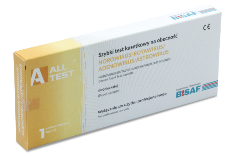 Opakowanie testu kasetkowego AllTest na norowirusa, rotawirusa, adenowirusa i astrowirusa, żółto-biała etykieta, do użytku profesjonalnego, widok perspektywiczny.