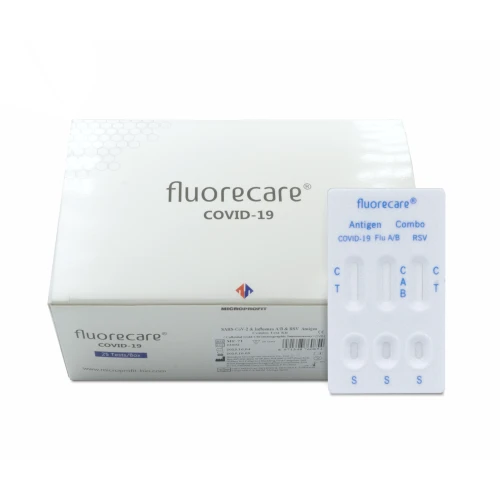 Opakowanie testów Fluorecare COVID-19 Antigen Combo z widoczną kasetką testową, zestaw 25 sztuk.