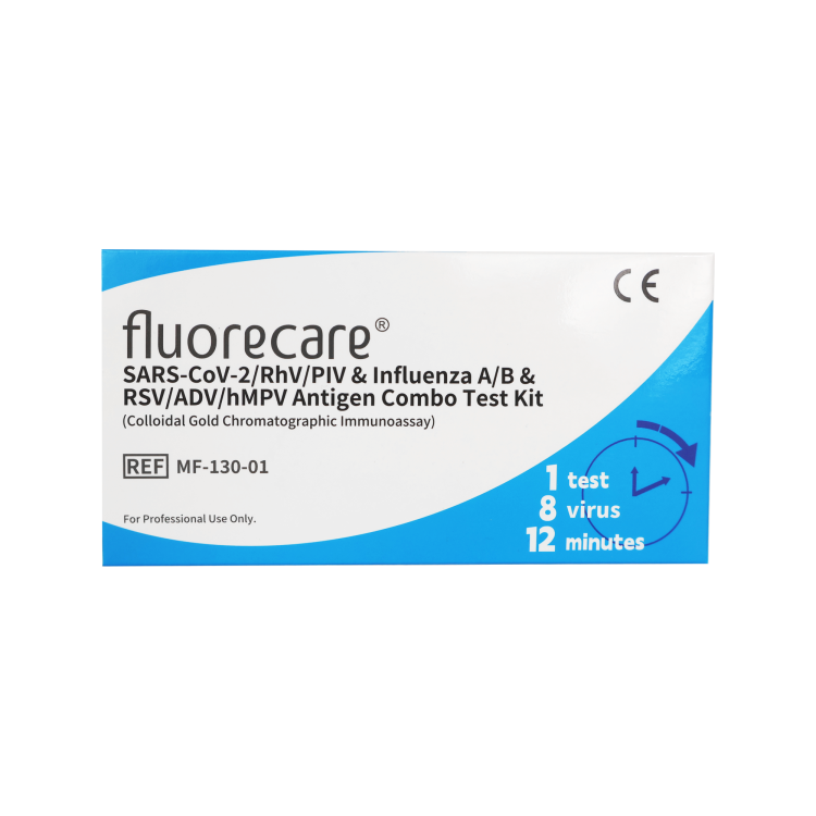 Opakowanie testu Fluorecare SARS-CoV-2/RhV/PIV &amp; Influenza A/B &amp; RSV/ADV/hMPV Antigen Combo, 1 sztuka, czas badania 12 minut, przeznaczone do użytku profesjonalnego.