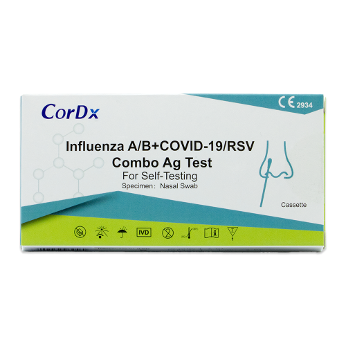 Opakowanie testu CorDx Influenza A/B + COVID-19 + RSV Combo Ag do samokontroli, w formie kasetki, z ilustracją pobrania wymazu z nosa.