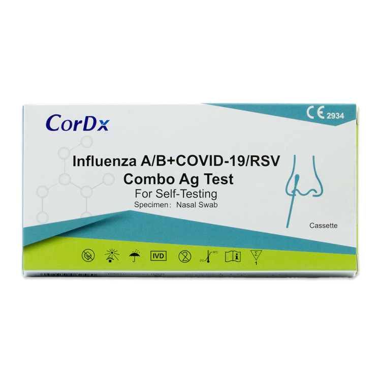 Opakowanie testu CorDx Influenza A/B + COVID-19 + RSV Combo Ag do samokontroli, w formie kasetki, z ilustracją pobrania wymazu z nosa.