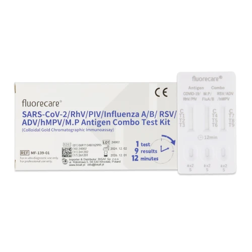 Zestaw testowy Fluorecare SARS-CoV-2/RhV/PIV/Influenza A/B/RSV/ADV/hMPV/M.P Antigen Combo – opakowanie z widoczną kasetką testową pokazującą pola odczytu wyników.