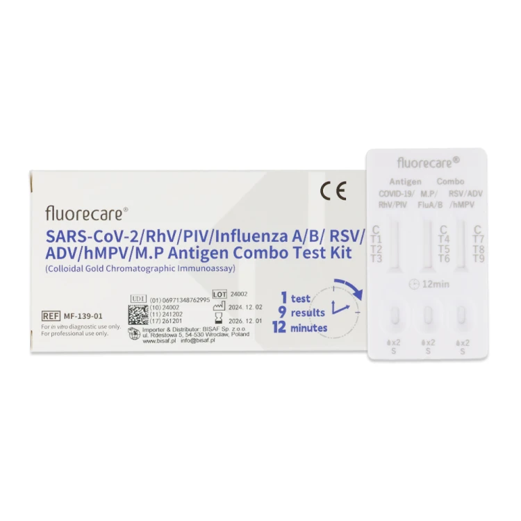 Zestaw testowy Fluorecare SARS-CoV-2/RhV/PIV/Influenza A/B/RSV/ADV/hMPV/M.P Antigen Combo – opakowanie z widoczną kasetką testową pokazującą pola odczytu wyników.