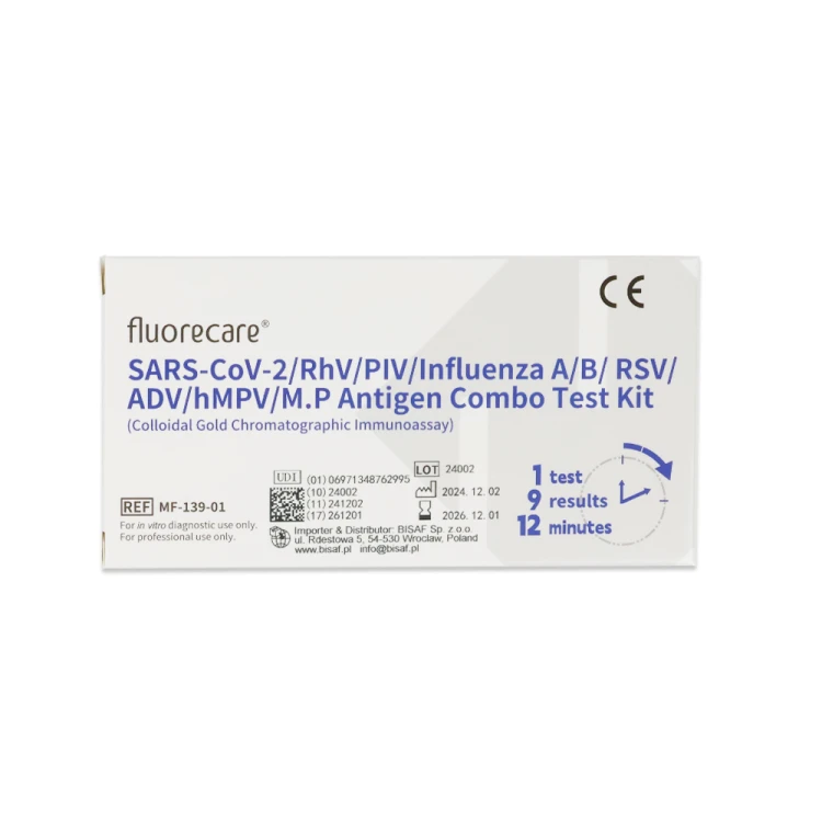 Zestaw testowy Fluorecare Combo – 1 test umożliwiający jednoczesne wykrycie 9 wirusów oddechowych (SARS-CoV-2, grypa A/B, RSV i inne) z czasem odczytu 12 minut.