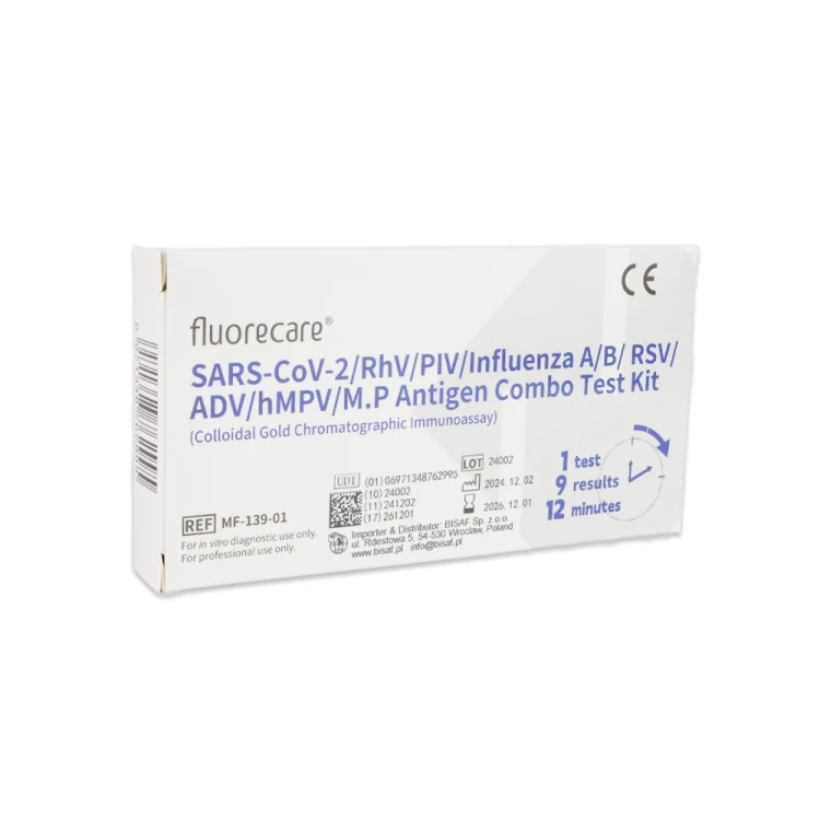 Zestaw testowy Fluorecare SARS-CoV-2/RhV/PIV/Influenza A/B/RSV/ADV/hMPV/M.P Antigen Combo Test Kit. Białe opakowanie z niebieskim nadrukiem, oznaczeniami CE i opisem testu. Widoczna informacja: 1 test, 9 wyników, 12 minut.