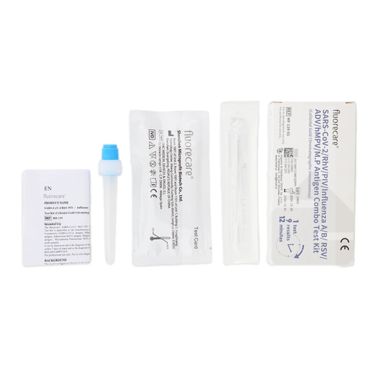 Zestaw diagnostyczny Fluorecare® SARS-CoV-2/RhV/PIV/Influenza A/B/RSV/ADV/hMPV/M.P Antigen Combo Test Kit. Widoczne elementy: ulotka, probówka z niebieską końcówką, kasetka testowa, wymazówka i opakowanie.