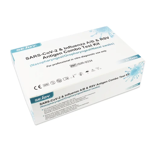 Zamknięte pudełko testów Sejoy SARS-CoV-2 &amp;amp; Influenza A/B &amp;; RSV Antigen Combo Test Kit, białe z niebieskimi napisami i grafiką wirusa, zawiera 25 testów