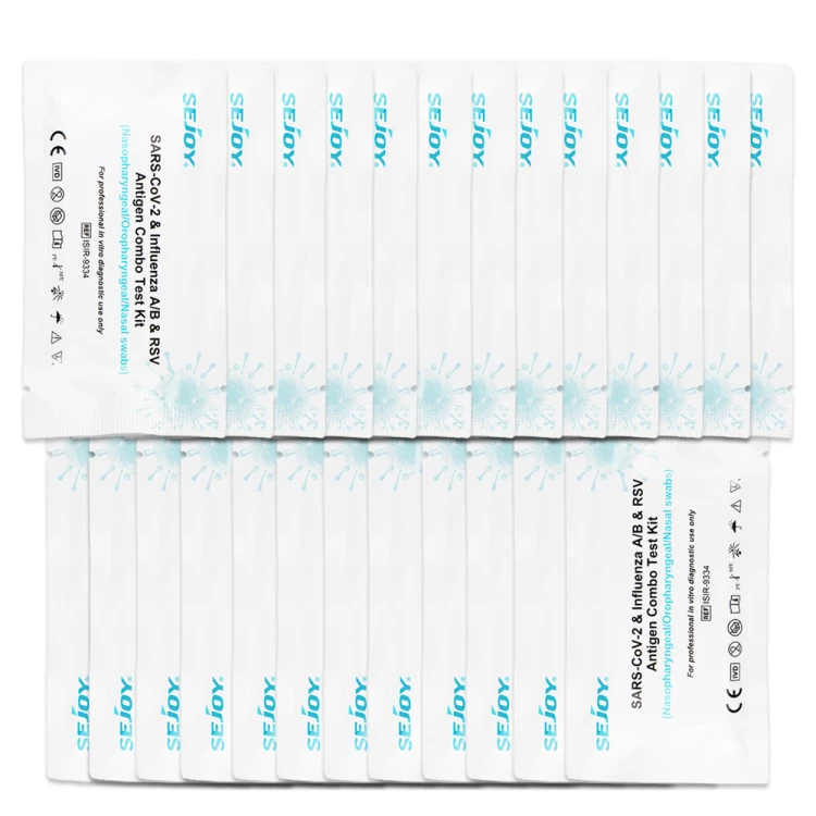 Opakowanie testów Sejoy SARS-CoV-2 &amp; Influenza A/B &amp; RSV Antigen Combo Test Kit – 25 indywidualnie zapakowanych saszetek z testami ułożonych w dwóch rzędach, białe opakowania z niebieskim logo i napisami.