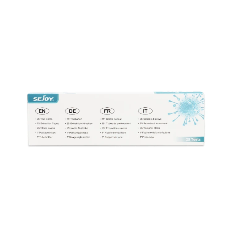 Białe pudełko Sejoy SARS-CoV-2; Influenza A/B ; RSV Antigen Combo Test Kit z niebieskimi napisami i oznaczeniami w kilku językach (EN, DE, FR, IT). Widoczne informacje o zawartości zestawu oraz liczbie testów