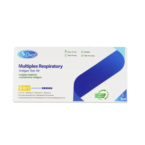 est antygenowy Multiplex Respiratory 9 w 1 Dvot, wyrób medyczny; białe pudełko z niebieskim logo Dvot; napis 9 in 1; oznaczenie wynik w 8 minut; 1 test; na górze ikonki z cechami: łatwy w użyciu, prywatność, wiarygodność, wysoka dokładność.