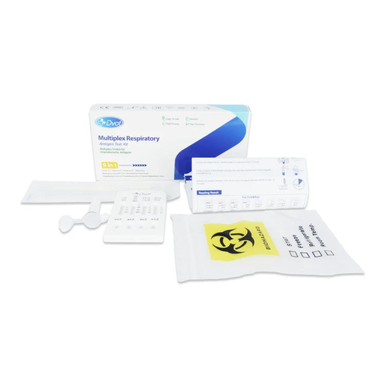Test antygenowy Multiplex Respiratory 9 w 1 Dvot wyrób medyczny zestaw białe pudełko z niebieskim logo kasetka testowa probówki wymazówka instrukcja obsługi woreczek biohazard oznaczenie wynik w 8 minut 1 test.