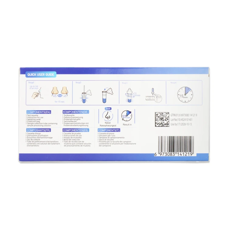 Test antygenowy Multiplex Respiratory 9 w 1 Dvot, wyrób medyczny. Tylna strona białego opakowania, instrukcja obrazkowa: wymaz, probówka, zakraplacz, kasetka, zegar 8 minut. Lista komponentów, kod QR i kod kreskowy.