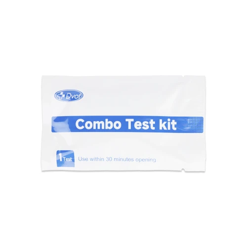 Test Combo Test Kit Dvot wyrób medyczny saszetka foliowa biała z niebieskim napisem Combo Test Kit oznaczenie 1 test informacja use within 30 minutes opening.