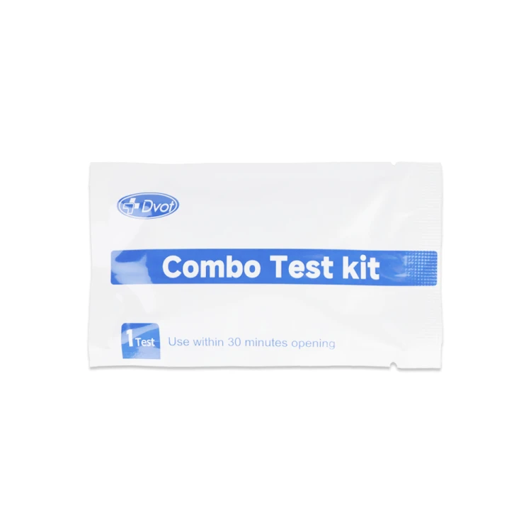 Test Combo Test Kit Dvot wyrób medyczny saszetka foliowa biała z niebieskim napisem Combo Test Kit oznaczenie 1 test informacja use within 30 minutes opening.