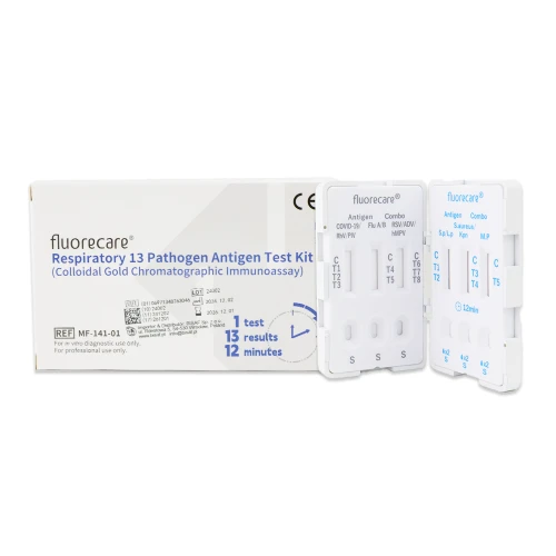 Zestaw testowy Fluorecare Respiratory 13 Pathogen Antigen Test Kit w opakowaniu kartonowym. Obok widoczne dwie kasetki testowe z oznaczeniami linii C, T i polami aplikacji próbek S. Opakowanie informuje o czasie wyniku 12 minut.