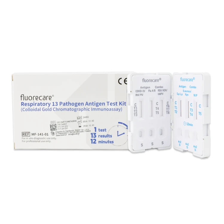 Zestaw testowy Fluorecare Respiratory 13 Pathogen Antigen Test Kit w opakowaniu kartonowym. Obok widoczne dwie kasetki testowe z oznaczeniami linii C, T i polami aplikacji próbek S. Opakowanie informuje o czasie wyniku 12 minut.