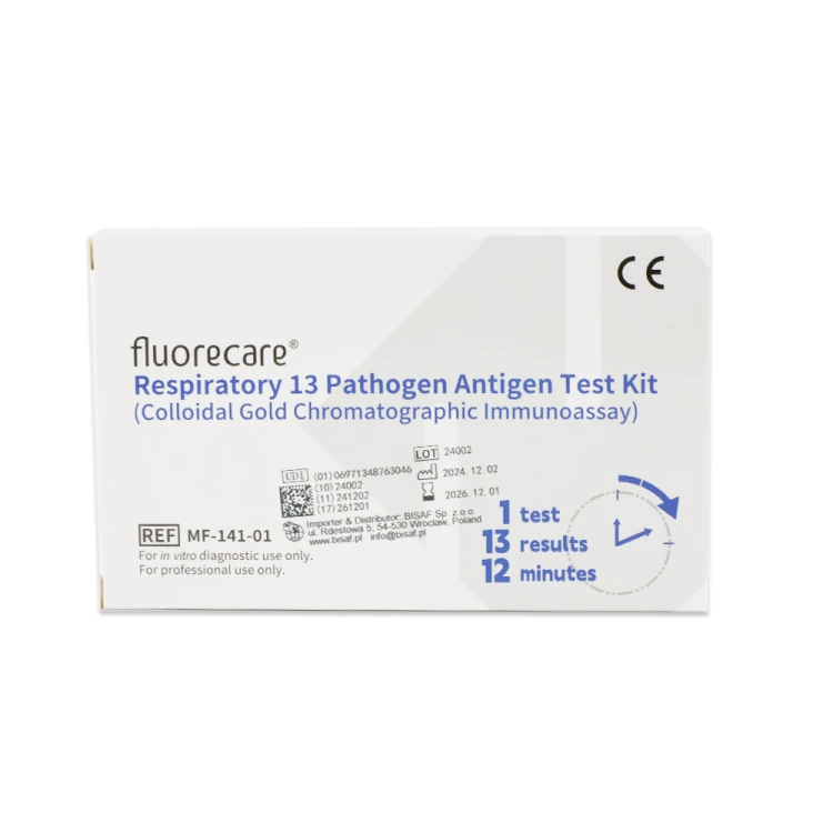 Opakowanie testu Fluorecare Respiratory 13 Pathogen Antigen Test Kit. Białe pudełko z szaro-niebieskimi elementami, logotypem Fluorecare, oznaczeniem CE oraz informacją: wynik w 12 minut, 1 test. Widoczne dane producenta, numer REF i kody QR.