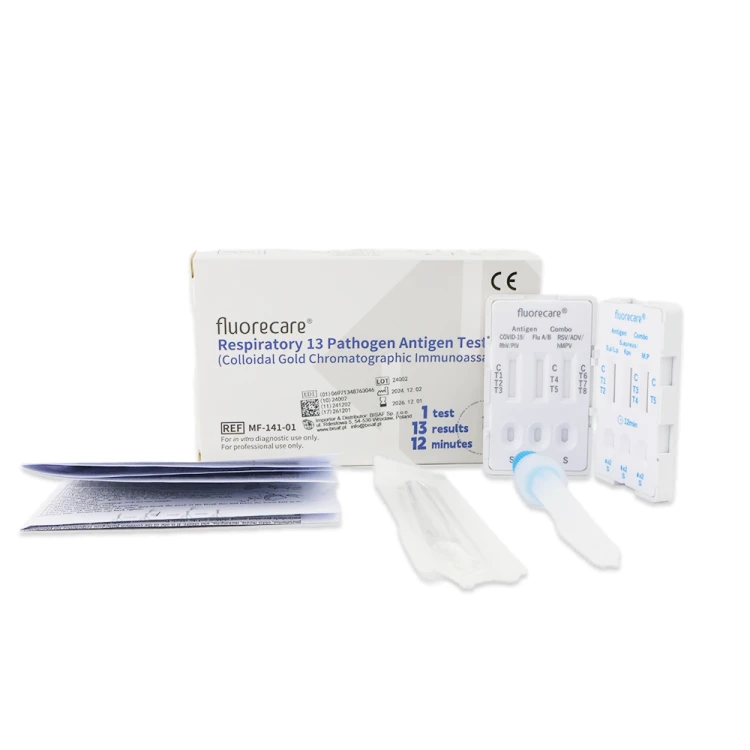 Zestaw testowy Fluorecare Respiratory 13 Pathogen Antigen Test Kit – widoczne opakowanie, kasetki testowe, probówka z buforem, wymazówka oraz instrukcja obsługi w formie broszury.