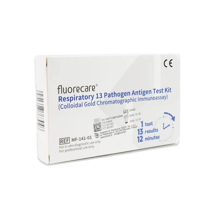 Białe opakowanie testu Fluorecare Respiratory 13 Pathogen Antigen Test Kit. Z przodu widoczne logo Fluorecare, oznaczenie CE, grafika zegara z napisem „1 test, wynik w 12 minut” oraz kody QR i dane producenta.