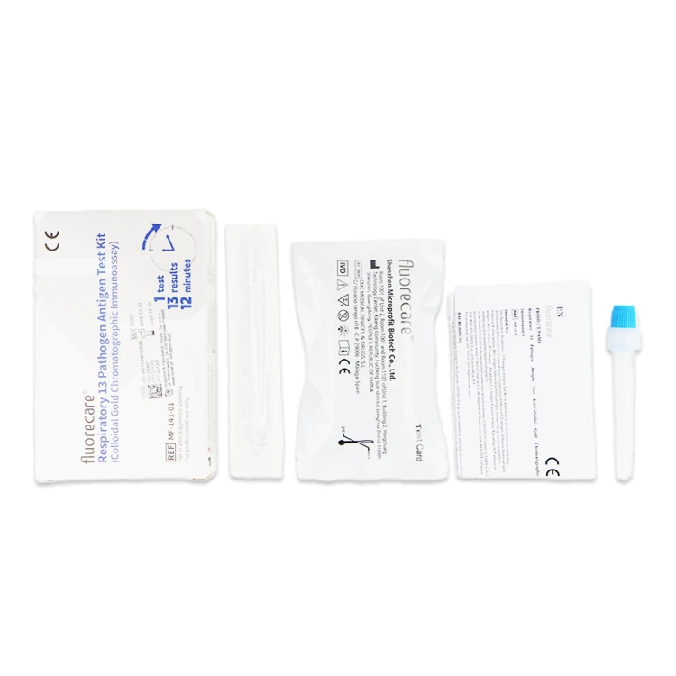 Zawartość zestawu Fluorecare Respiratory 13 Pathogen Antigen Test Kit – saszetka z testem, wymazówka, probówka z buforem, ulotka informacyjna oraz instrukcja obsługi.