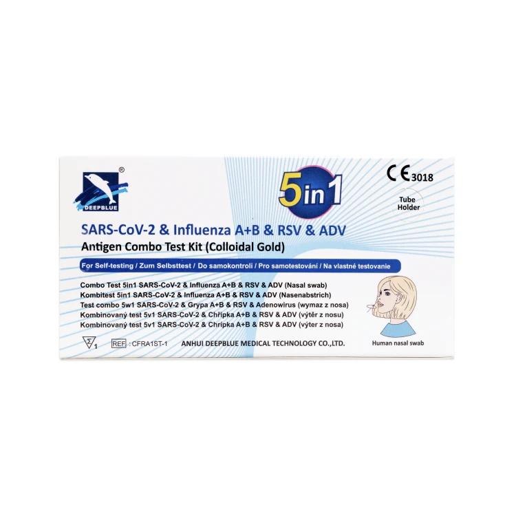 Test antygenowy 5w1 Deepblue SARS-CoV-2, Grypa A+B; RSV i Aenowirus – opakowanie jednostkowe z niebiesko-białą grafiką, oznaczeniami CE i symbolem wymazu z nosa.