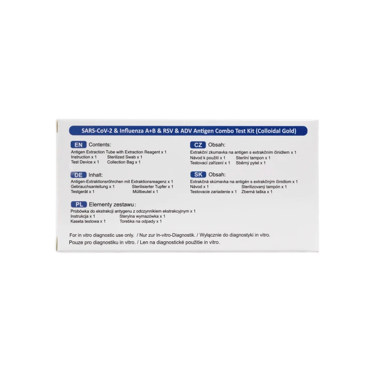 Tył opakowania testu 5w1 Deepblue SARS-CoV-2 &amp; Influenza A+B &amp; RSV &amp; ADV z listą zawartości zestawu w językach EN, DE, PL, CZ, SK, m.in. probówka z odczynnikiem, wymazówka, woreczek, kasetka testowa.