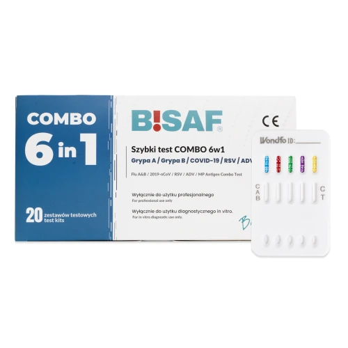 Zestaw BISAF Combo 6w1 – opakowanie testu kasetkowego do diagnostyki Grypy A, Grypy B, COVID-19, RSV i adenowirusa, obok widoczna kasetka testowa z oznaczeniami linii dla poszczególnych patogenów.