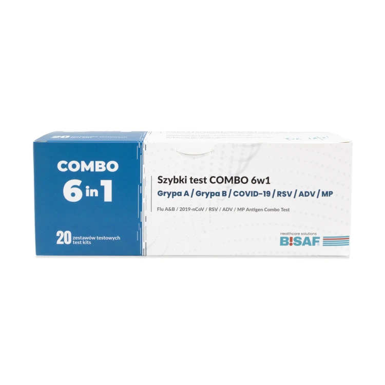 Opakowanie BISAF Combo 6w1 – szybki test kasetkowy do diagnostyki Grypy A, Grypy B, COVID-19, RSV, adenowirusa i Mycoplasma pneumoniae, zestaw zawiera 20 testów.